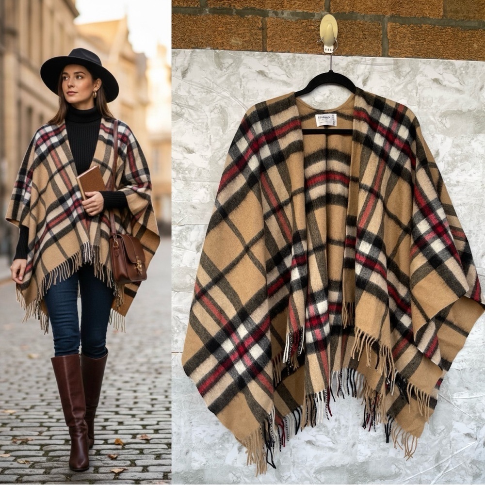 Edinburgh 100% Lambswool Plaid Poncho Wrap | Tan Check Heritage Cape Aesthetic